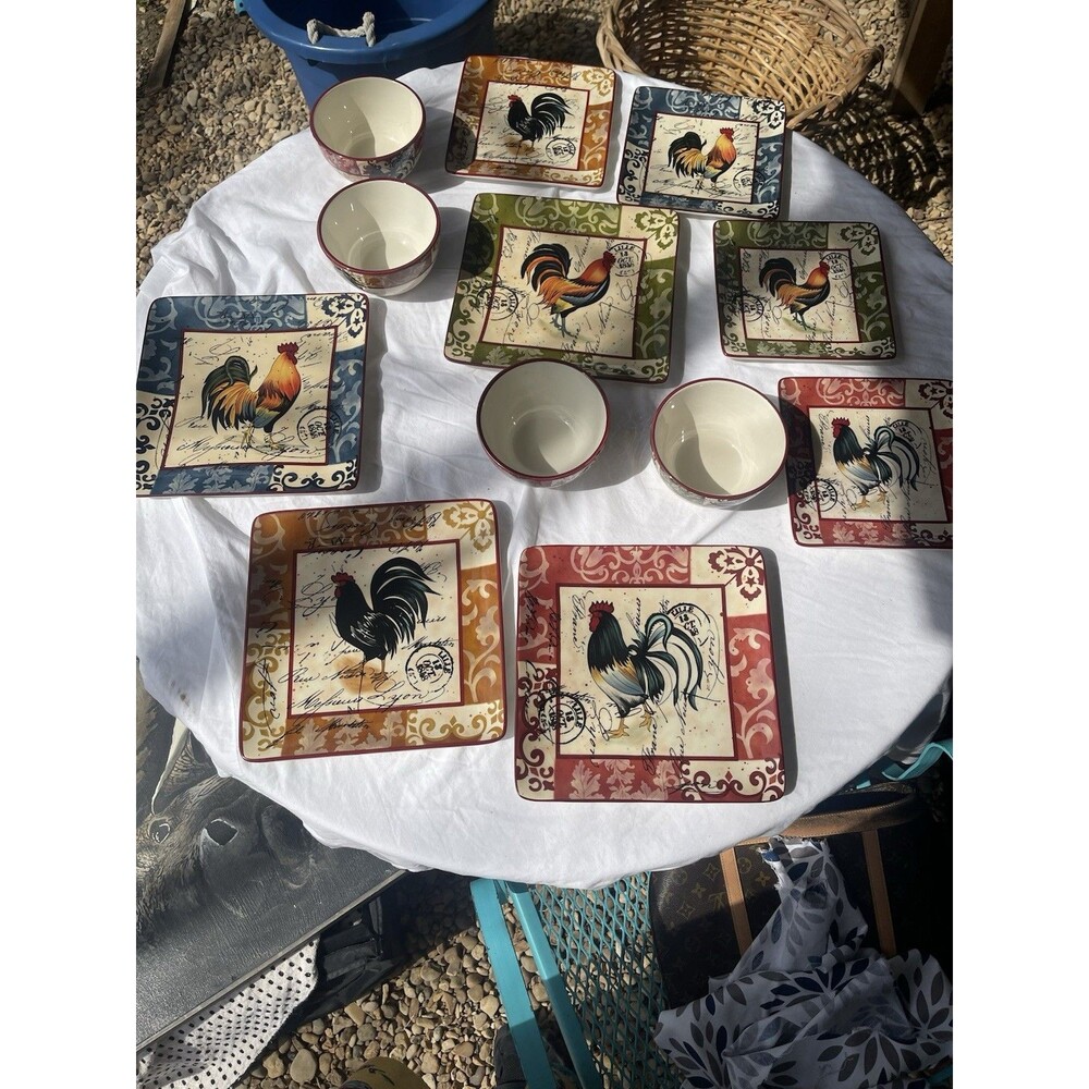 Certified International Rooster Multicolor Ceramic Square Dinner Set Plates & B…